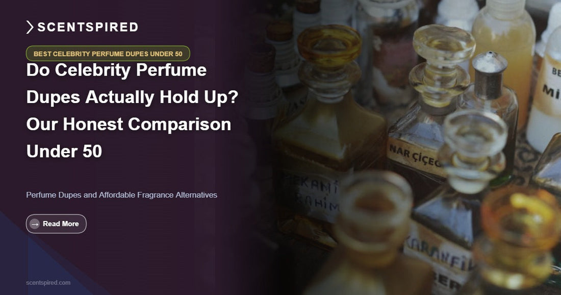 Best celebrity perfume dupes under 50 displayed on a marble flat lay with soft florals