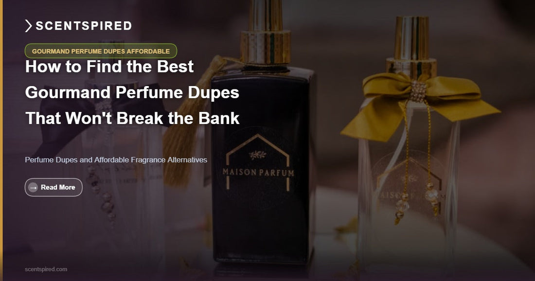Affordable gourmand perfume dupe bottles with vanilla pods and warm spices flat lay