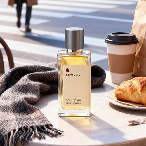 Britannia Scentspired perfume bottle on a table with a croissant and coffee cup.