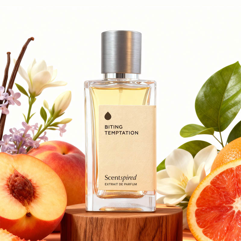 A bottle of Scentspired 'Biting Temptation' perfume extract de parfum, styled on a wooden pedestal with fresh peaches, a sliced orange, and white flowers against a clean white background.