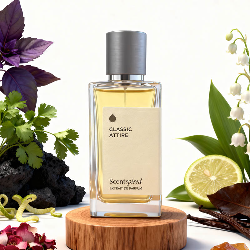 Perfume bottle labeled 'Classic Attire' by Scentspired on a wooden stand with natural elements.