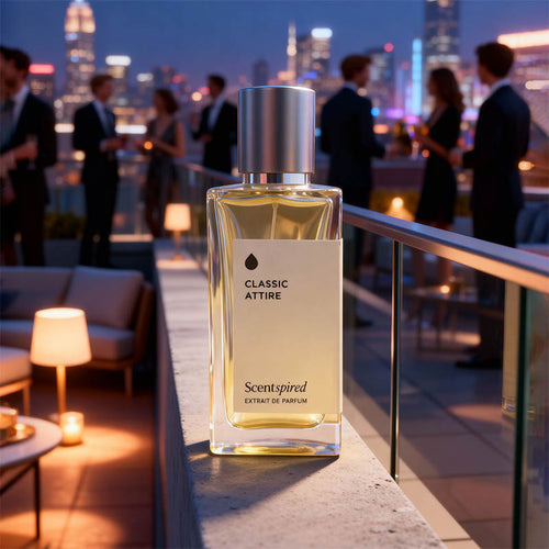 A bottle of Scentspired Classic Attire Extrait de Parfum stands on a balcony railing at night, with a blurred city skyline and people in suits in the background.