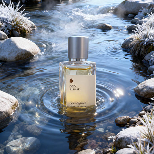 Perfume bottle labeled 'Cool Alpine' by Scentspired floating in water with a natural background.