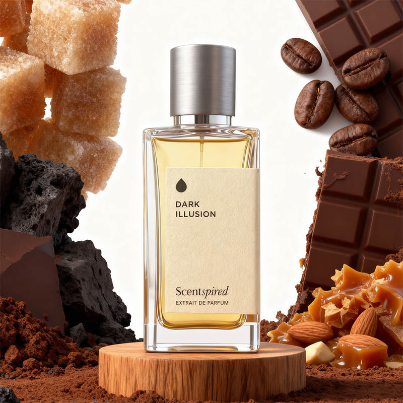 Perfume bottle labeled 'Dark Illusion' surrounded by chocolate, coffee beans, and caramel on a white background